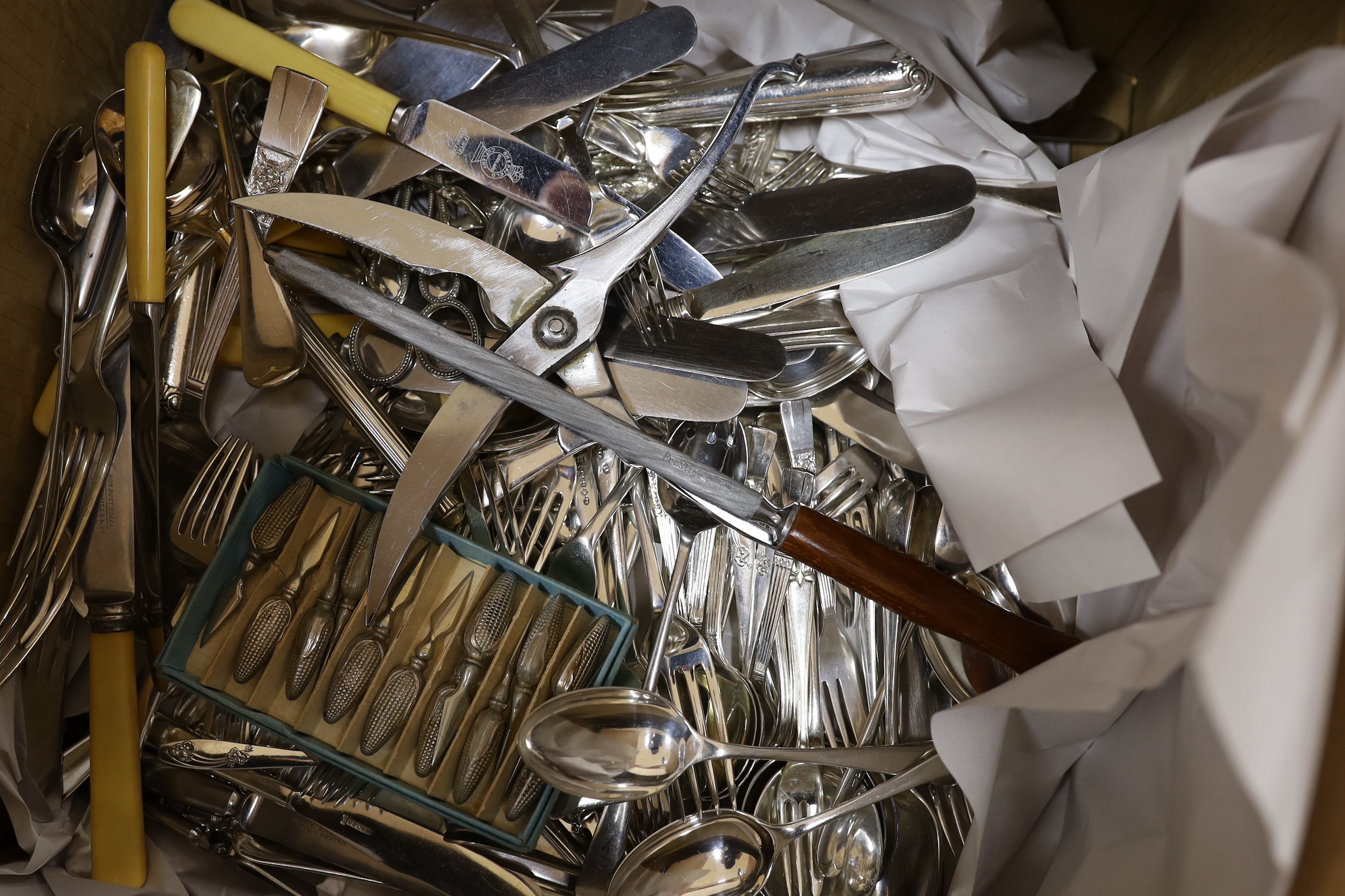 A large quantity of assorted plated cutlery, including a part canteen of Valiant Plate cutlery